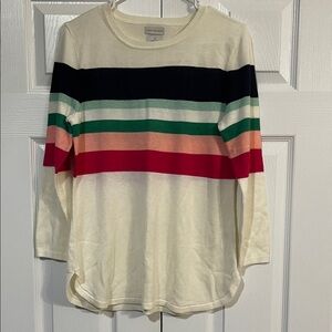 Van Heusen Cream Sweater with Black, Green and Red Stripes